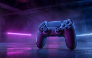 Horizontal view of Gaming controller against neon colorful background. Videogames header with empty space for promo or social media post. Empty space for text or promo. photo