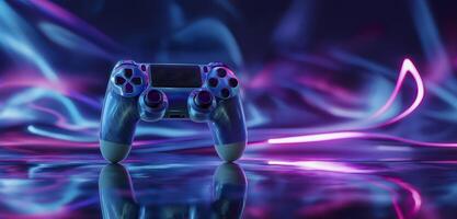 Panoramic view of Gaming controller against neon colorful background. Videogames header with empty space for promo or social media post. Empty space for text. photo