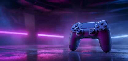 Panoramic view of Gaming controller against neon colorful background. Videogames header with empty space for promo or social media post. photo