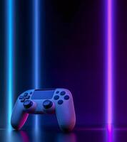 Vertical view of Gaming controller against neon colorful background. Videogames header with empty space for promo or social media post. photo