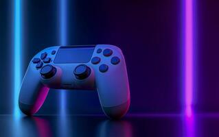 Gaming controller against neon colorful background. Videogames header with empty space for promo or social media post. Empty space for text. photo
