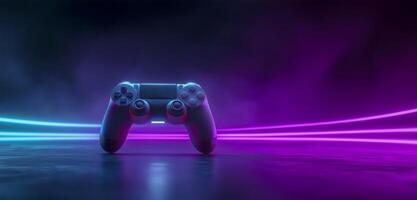 Panoramic banner of Gaming controller against neon colorful background. Videogames header with empty space for promo or social media post. photo
