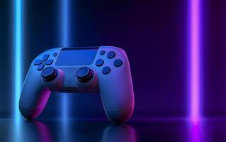 Horizontal view of Gaming controller against neon colorful background. Videogames header with empty space for promo or social media post. Empty space for text. photo