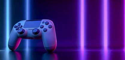 Header of Gaming controller against neon colorful background. Videogames header with empty space for promo or social media post. photo