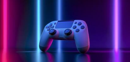 Banner of Gaming controller against neon colorful background. Videogames header with empty space for promo or social media post. photo