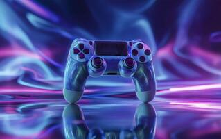 Horizontal view of Gaming controller against neon colorful background. Videogames header with empty space for promo or social media post. photo