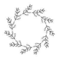 illustration of a circular wreath made of doodle style black and white branches in a hand drawn design, isolated on white background. vector