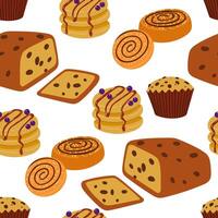Seamless Pattern with Pastries and Cupcakes, Flat on white Background vector