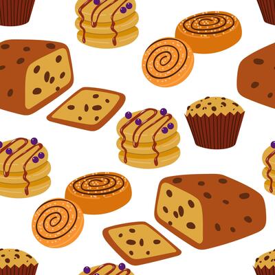 Seamless Pattern with Pastries and Cupcakes, Flat on white Background