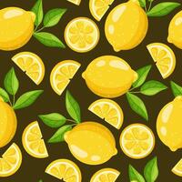 Seamless pattern with bright lemons and leaves on a dark background . vector