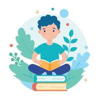 Cartoon Boy Reading Book Sitting on Stack of Books Amidst Leafy Background vector