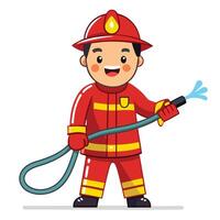 Cartoon Firefighter Character Wearing a Red Uniform and Helmet Holds a Water Hose vector