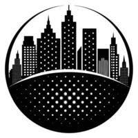 Silhouette of city buildings and skyscrapers under the moon with dots against a white backdrop vector