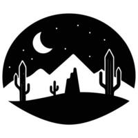 Black and White Desert Night with Cacti, Mountains, and Crescent Moon vector