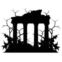 Black Silhouette of Ruined Temple with Columns and Overgrown Branches on White vector