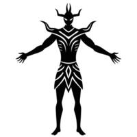 Silhouette of a horned figure with arms outstretched stands in an ornate warrior outfit vector