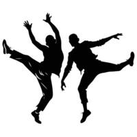 Two silhouetted male figures dynamically dance, embodying energy and movement with expressive gestures vector