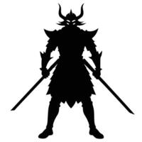 Dark Warrior Silhouette Horned Helmet, Armor and Twin Swords Against White Backdrop vector