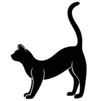 Sleek black cat silhouette stretches with raised tail, showing graceful feline form vector