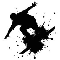 Silhouette shows a person snowboarding with an ink splatter effect, set against a clean white background vector