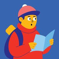 Surprised youngster with backpack wearing a cap is reading a blue book vector