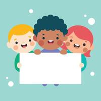 Cheerful children of diverse ethnicities happily hold blank sign for your message, smiling widely vector