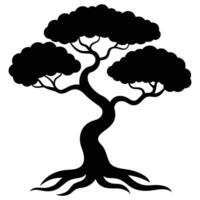 Black silhouette of artistic tree with unique bending trunk and roots on white vector