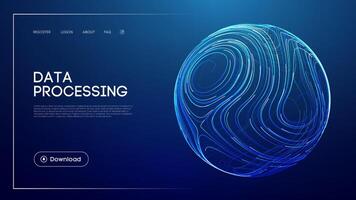 Data processing technology with abstract glowing sphere, futuristic blue background, artificial intelligence computing, big data analytics, and modern UI design for innovation and digital vector