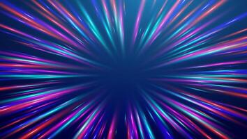 Space warp speed line abstract background. Light blue neon radial burst comic effect. Ai streak ray hyperspace data tunnel, action 3d bg, anime flash zoom effect. vector