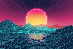 Retro futuristic 80s style digital landscape with glowing neon grid mountains and a vibrant sunset in a cyberpunk aesthetic. Synthwave vaporwave artwork with a surreal, nostalgic vector