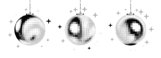 Disco Ball Halftone Party Set. Dance music collage with glowing stars on white background in retro pop art style. club dj retro vintage mirror texture 3D ball element isolated. vector