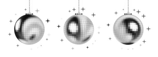 Pixelated halftone disco balls with sparkles on white background in retro monochrome style vector