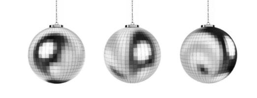 Pixelated halftone disco balls hanging on white background in bold black and white retro style vector