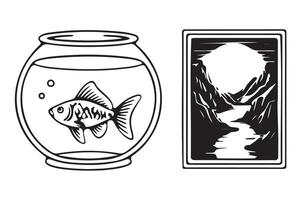 A goldfish in a bowl contrasted with a mountain landscape. vector