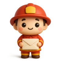 Adorable 3D cartoon firefighter holding an envelope with a sweet smile, ideal for mail service concepts, communication and public safety messages png