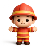 Kawaii cartoon 3D firefighter with open arms, smiling and welcoming, cute and friendly emergency worker character designed in colorful uniform for educational use png