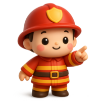 Adorable 3D cartoon firefighter pointing finger up with happy face, red uniform and helmet, cute kawaii style perfect for childrens educational content png