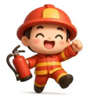 Kawaii cartoon 3D firefighter in red uniform running joyfully with fire extinguisher, adorable smiling child hero celebrating successful rescue mission png