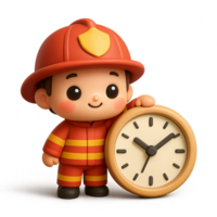 Cartoon kawaii firefighter character standing with big clock, symbolizing time, urgency and safety, perfect for kids educational materials png