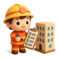 Kawaii cartoon 3D firefighter in yellow uniform inspecting building with checklist and pen, cute child character in safety inspection role smiling confidently png