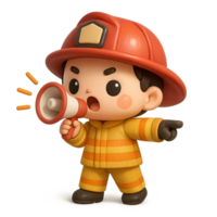 Kawaii cartoon firefighter in yellow uniform shouting emergency instructions with megaphone, cute 3D safety character alerting in rescue situation for kids png