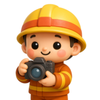 Kawaii cartoon 3D firefighter in orange uniform and yellow helmet holding camera, smiling child character capturing emergency moments with joyful attitude png
