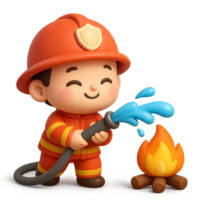 Kawaii cartoon 3D firefighter in red uniform smiling while using hose to extinguish small campfire, adorable child with joyful expression and cute pose png