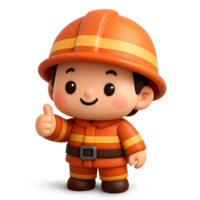 Cute 3D cartoon firefighter with helmet and orange uniform giving thumbs up in kawaii style, adorable emergency worker character perfect for educational designs png