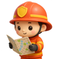 Kawaii cartoon 3D firefighter character in orange and yellow uniform with red helmet, holding a map, adorable child planning rescue mission with a happy smile png
