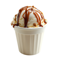 Creamy vanilla ice cream topped with caramel and crumbled cookies in a cup, Transparent Background png