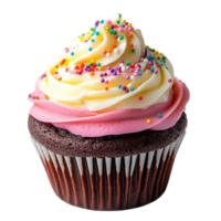 Delicious chocolate cupcake topped with pink and white frosting and colorful sprinkles ready to be enjoyed at a celebration, Transparent Background png