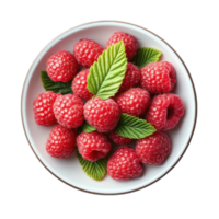 Fresh raspberries with green leaves displayed in a white bowl on a plain background, Transparent Background png