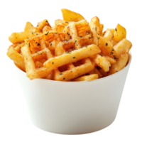 Crispy seasoned waffle fries served in a small white container on a neutral background, Transparent Background png