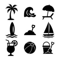 Black silhouette beach icons set, summer holiday elements collection vector